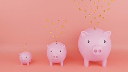 Pink piggy bank and falling gold coins with dollar sign with pink background. Concept of saving money. Concept of Growing up money. 3d render illustration