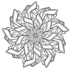 Decorative mandala with geometric line patterns on white isolated background. For coloring book pages.