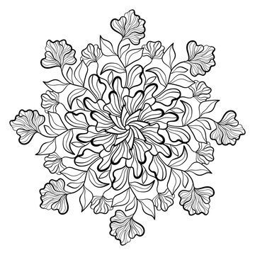 Decorative mandala with iris flowers and leaves, simple patterns on  white isolated background. For coloring book pages, poster, card.