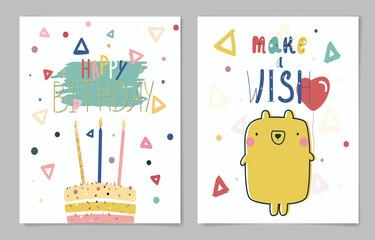 A set of two bright birthday cards. Vector illustrations with a happy birthday wish and make a wish.