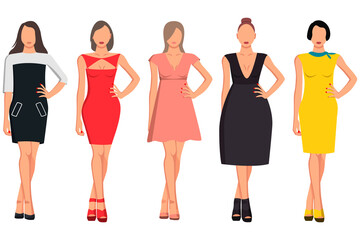 Obraz premium A set of five girls with a good figure in beautiful clothes of different styles and colors.
