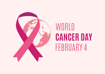 World Cancer Day Poster with pink ribbon and planet earth vector. Pink ribbon against cancer vector. Cancer Day, February 4. Important day