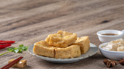 Deep fried stinky tofu with pickled cabbage street food in Taiwan.