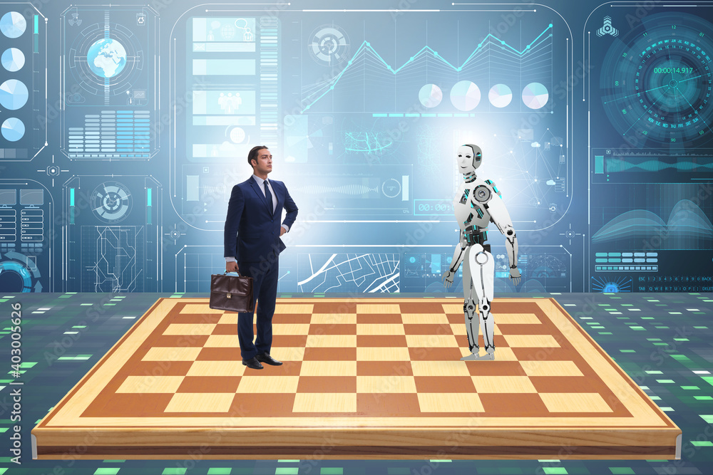 Poster concept of rivalry between robots and humans