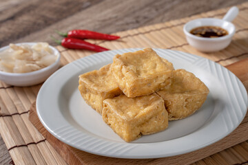 Deep fried stinky tofu with pickled cabbage street food in Taiwan.