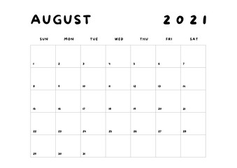 2021 Minimalist Black and White Calendar, Sunday Start Printable Calendar, Plain calendar, Monthly Planner, Desk Calendar, Landscape