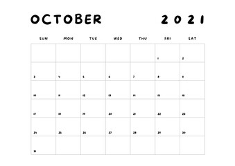 2021 Minimalist Black and White Calendar, Sunday Start Printable Calendar, Plain calendar, Monthly Planner, Desk Calendar, Landscape