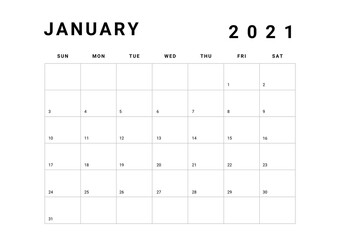 2021 Minimalist Black and White Calendar, Sunday Start Printable Calendar, Plain calendar, Monthly Planner, Desk Calendar, Landscape