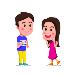 a boy with a flushed face gives a love letter to a girl