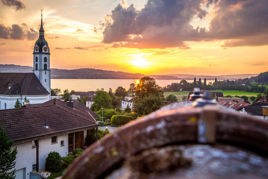 Sunset above the Lake of Sempach in the Canton of Lucerne
