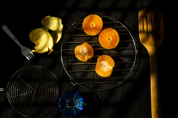 Healthy and fresh colorful oranges pealed off on the table