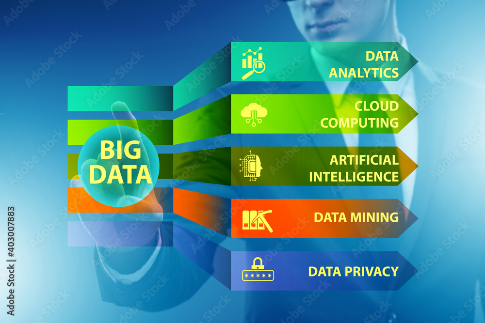 Poster big data concept with businessman pressing virtual button