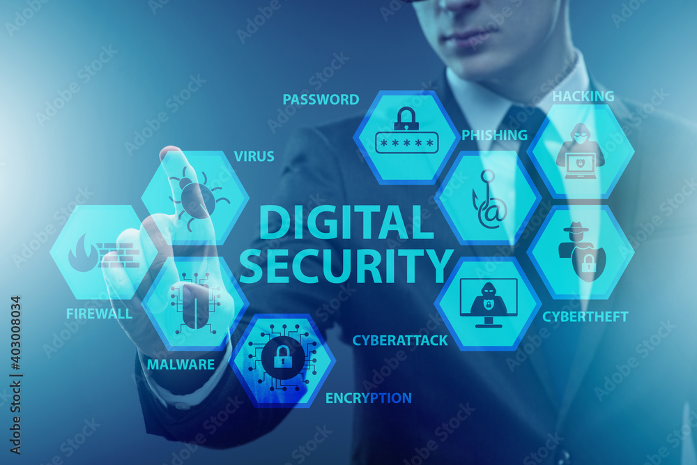 Poster digital security concept with businessman pressing button