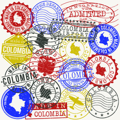 Colombia Set of Stamps. Travel Passport Stamps. Made In Product. Design Seals in Old Style Insignia. Icon Clip Art Vector Collection.
