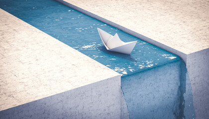 paper boat sailing to a waterfall. concept of unexpected problems.