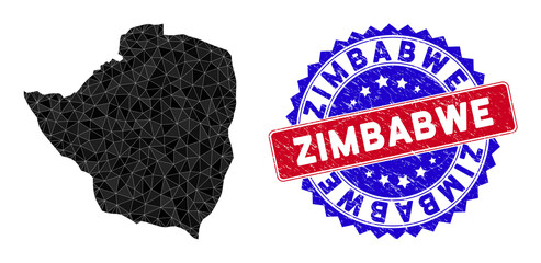 Zimbabwe map polygonal mesh with filled triangles, and grunge bicolor seal. Triangle mosaic Zimbabwe map with mesh vector model, triangles have various sizes, and positions, and color tones.