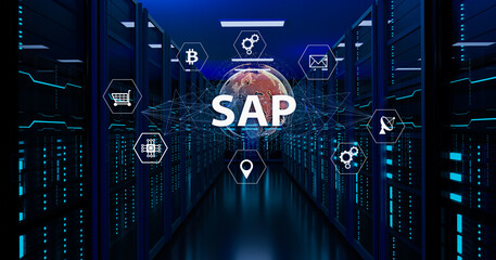 SAP - Business process automation software and management software (SAP). ERP enterprise resources planning system concept on virtual screen. - obrazy, fototapety, plakaty