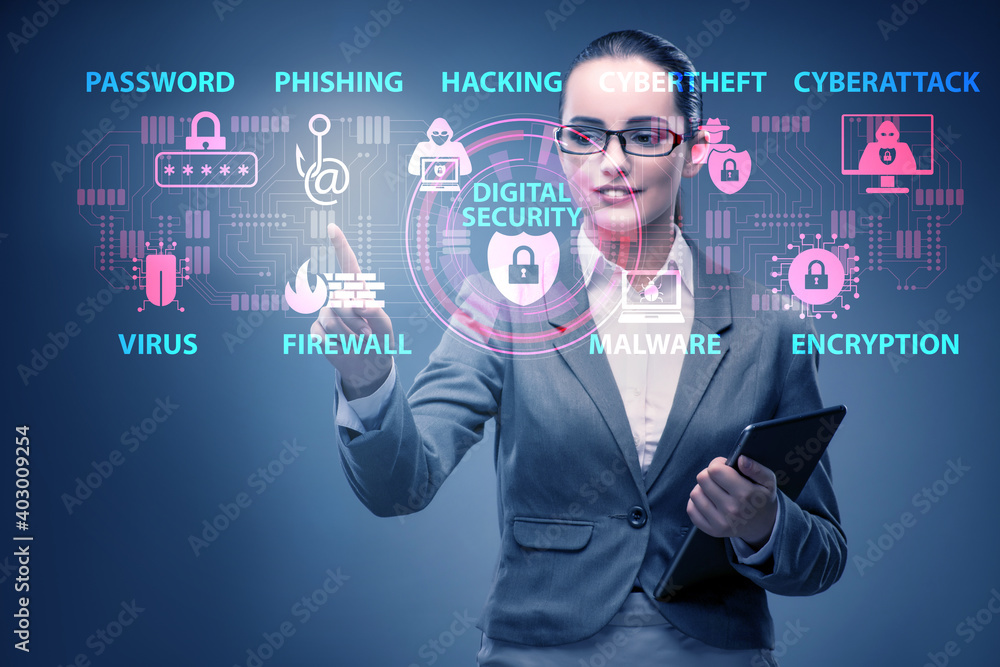 Poster digital security concept with businessman pressing button
