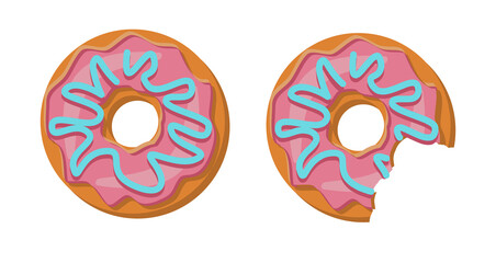 Set of Whole donuts and half-eaten donuts with pink glaze. Tasty doughnuts covered in chocolate cream isolated on a white background. Vector illustration in flat style. the top views