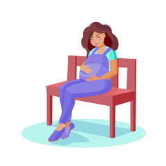 Cute pregnant woman sitting on a bench. A pregnant woman is isolated on a white background. Сoncept of a vector illustration in a flat style. Cartoon style, Health, Care, Pregnancy.