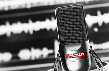 Professional studio microphone with podcast icon