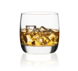 single malt whiskey with ice in a glass isolated on white background with clipping path