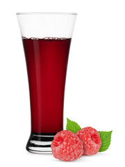 raspberry nectar or juice in a transparent glass. Isolated on white