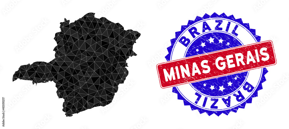 Poster minas gerais state map polygonal mesh with filled triangles, and rough bicolor rubber seal. triangle