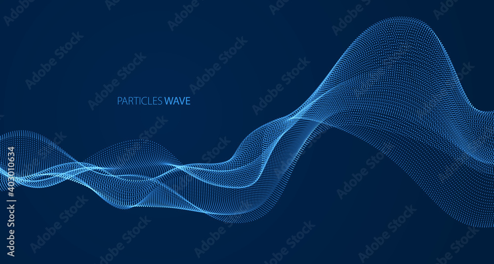 Poster dynamic particles sound wave flowing over dark. dotted curves vector abstract background. beautiful 