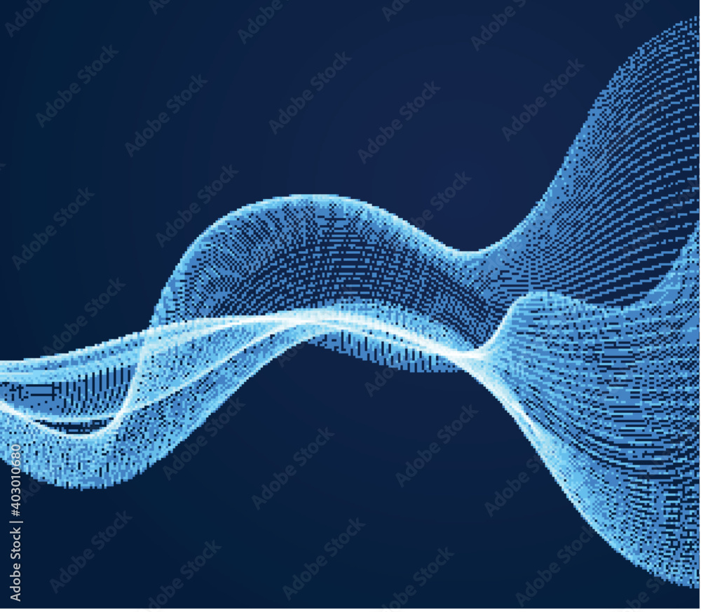 Poster flowing particles wave over dark background, dynamic sound motion curve lines. 3d vector illustratio