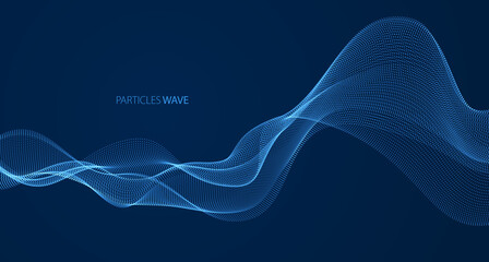 Dynamic particles sound wave flowing over dark. Dotted curves vector abstract background. Beautiful 3d wave shaped array of shining blended points.