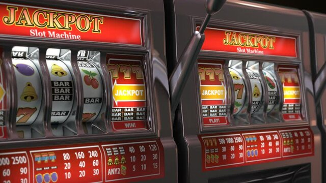 Casino slot machines in a row with Jackpot in the end. Casino promotion and gambling concept. 3d video animation.