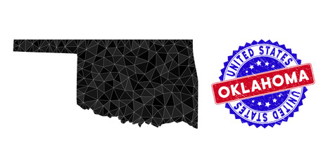 Oklahoma State map polygonal mesh with filled triangles, and unclean bicolor stamp print. Triangle mosaic Oklahoma State map with mesh vector model, triangles have variable sizes, and positions,