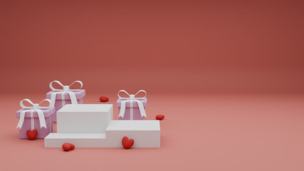 Happy Valentine's Day for product presentation podium with gift box and heart on red background. 3d rendering
