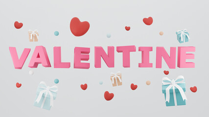 Happy Valentine's Day of font 3d with gift box and heart on white background. 3d rendering