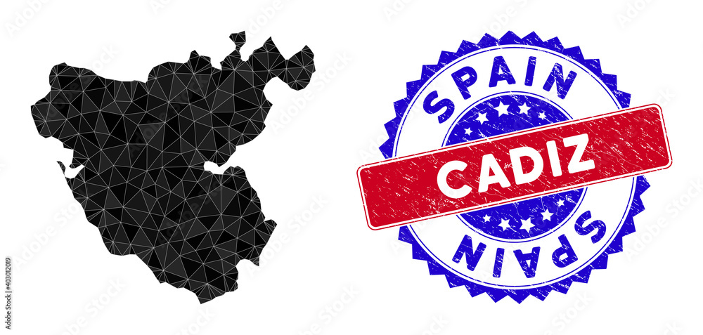 Poster cadiz province map polygonal mesh with filled triangles, and rubber bicolor stamp print. triangle mo