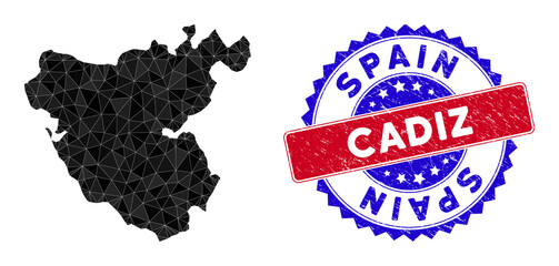 Cadiz Province map polygonal mesh with filled triangles, and rubber bicolor stamp print. Triangle mosaic Cadiz Province map with mesh vector model, triangles have randomized sizes, and positions,