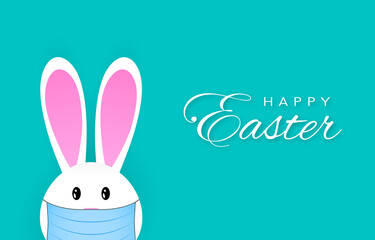 Happy easter bunny in blue medical mask. Poster and banner template with white greeting text on turquoise background.