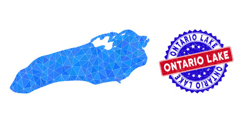 Ontario Lake map polygonal mesh with filled triangles, and textured bicolor stamp seal. Triangle mosaic Ontario Lake map with mesh vector model, triangles have different sizes, and positions,