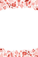 Vertical vector card with feminine hygiene products with flowers, zero waste eco menstrual cup, sanitary napkin pad, uterus, tampon, concept of women protection during period, critical days banner.