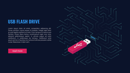 Vector isometric illustration, usb flash drive against the background of lines in the style of computer chips. Design template for web banner, landing page. Copyspace.