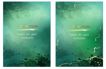 Green vector watercolor style texture for your design, covers and wedding invitations. Golden marble and splash style. Editable transparent templates made with layers