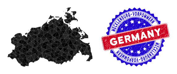 Mecklenburg-Vorpommern Land map polygonal mesh with filled triangles, and distress bicolor watermark. Triangle mosaic Mecklenburg-Vorpommern Land map with mesh vector model,