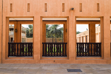 Frontal view of three windows in a corridor inside Sheikh Zayed Palace Museum. Al Ain, United Arab Emirates.
