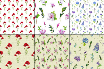 Seamless floral background Hydrangea, magnolia, poppy pattern