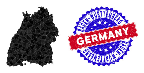 Baden-Wurttemberg Land map polygonal mesh with filled triangles, and distress bicolor stamp. Triangle mosaic Baden-Wurttemberg Land map with mesh vector model, triangles have different sizes,