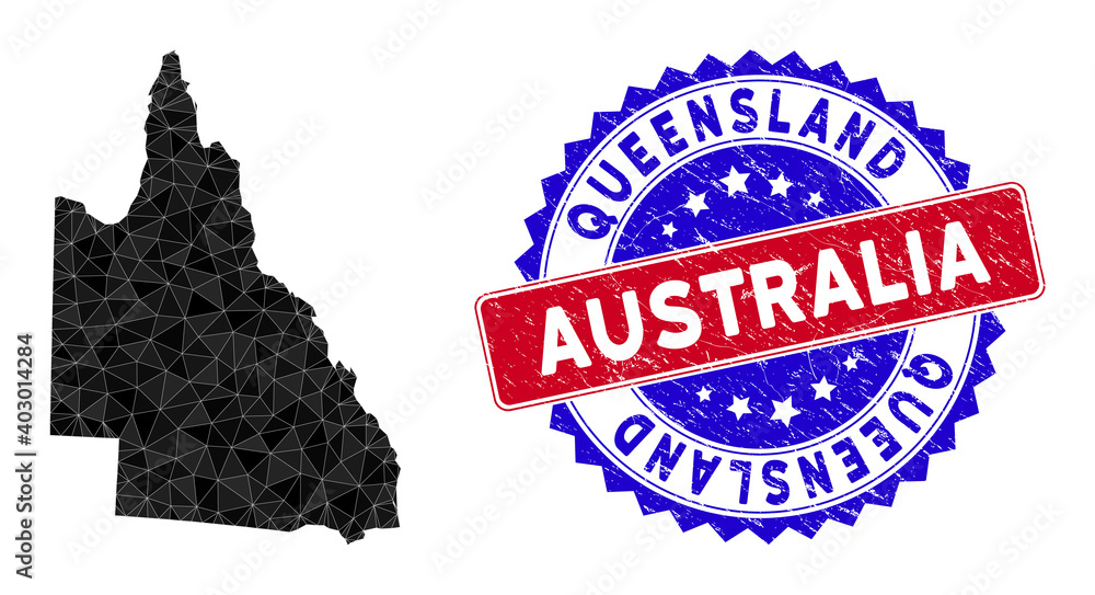Poster australian queensland map polygonal mesh with filled triangles, and distress bicolor stamp print. tr