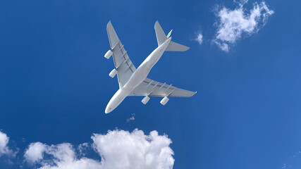 Passenger airplane as seen from ground flying in deep blue cloudy sky