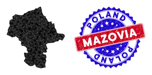 Mazovia Province map polygonal mesh with filled triangles, and scratched bicolor stamp seal. Triangle mosaic Mazovia Province map with mesh vector model, triangles have randomized sizes,