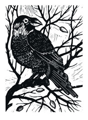 Image of a black crow on a dog rose branch.  